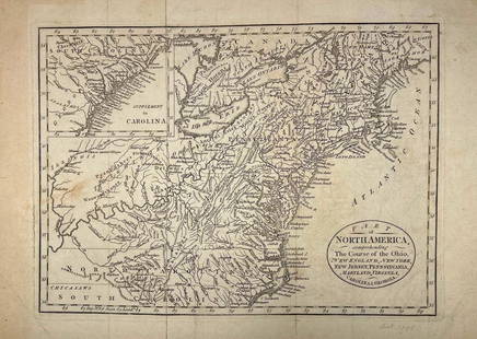 1748 Map of North America, Comprehending 'The Course to Ohio': America, 18th century. An early map of the eastern coast, detailing New England, New York, and more. No maker marks present. Overall good condition; complete on laid paper.