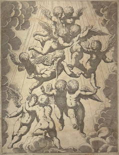 'A Group of Angels Embracing in Flight' by Luca Cambiaso after Reni: Italy, 17th century. An etching dating from 1600-1640 of angels in flight on laid paper.