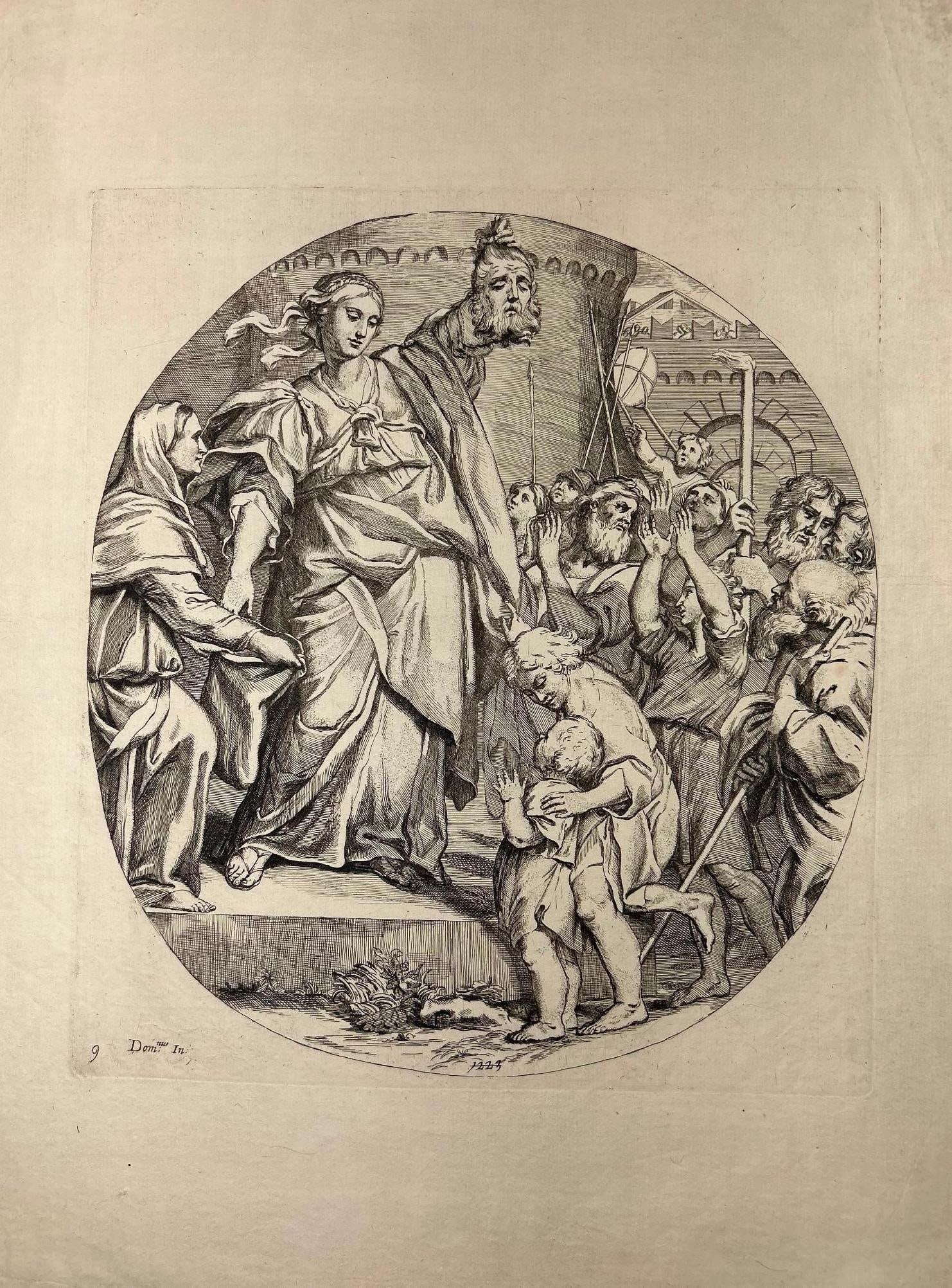 Old Testament 'Judith with the Head of Holophernes' after Le Dominiquin engraved by Devilliers: Continental, 19th century. Original copper engraving after Le Dominiquin engraved by Devilliers, c.1844.