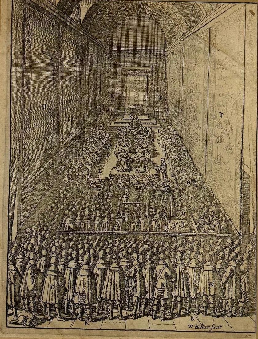 'Trial of William Laud, Archbishop of Canterbury' by Wenceslaus Hollar (1607-1677): England, 17th century. An engraving from A breviate of the life, of VVilliam Laud Arch-Bishop of Canterbury: extracted (for the most part) verbatim, out of his owne diary, and other writings, under hi