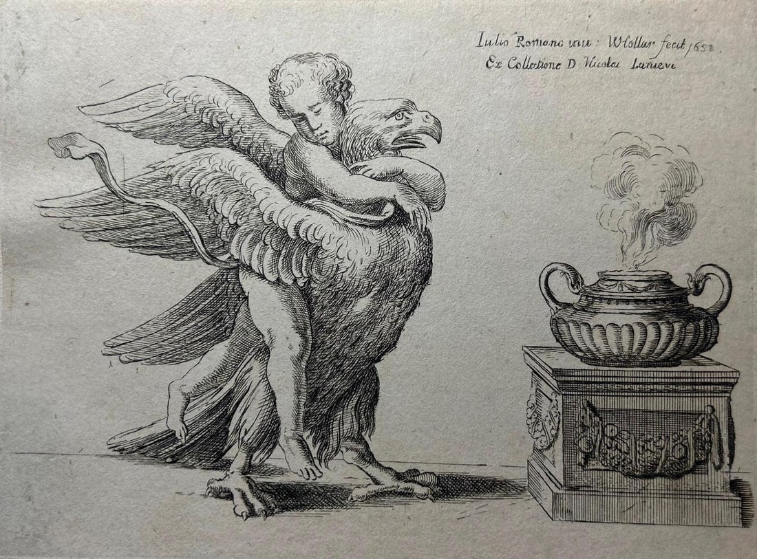 'Cupid and an Eagle' by Wenceslaus Hollar (1607–1677) after Giulio Romano: Continental, 17th century. From a series of six plates, etched by Hollar after drawings by Giulio Romano from the collection of Nicolas Lanier, designs for stucco medallions at the Palazzo Te in Man