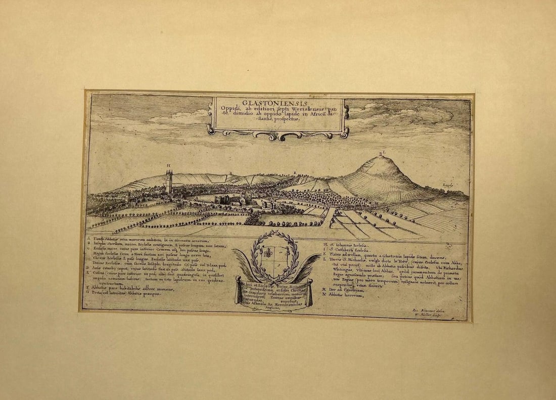 'Glastoniensis' by Wenceslaus Hollar (1607–1677) after Richard Newcourt: Continental, 17th century. A view of Glastonbury dating to 1655. Kept within a mat; overall good condition.