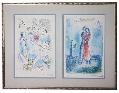 A Pair of Art Prints Signed by Marc Chagall (Belarus, 1887-1985): Belarus, 20th century. A pair of giclee prints signed lower right in graphite by Marc Chagall.  Provenance is strong, as they came directly from the family who had these prints signed by the artist. T