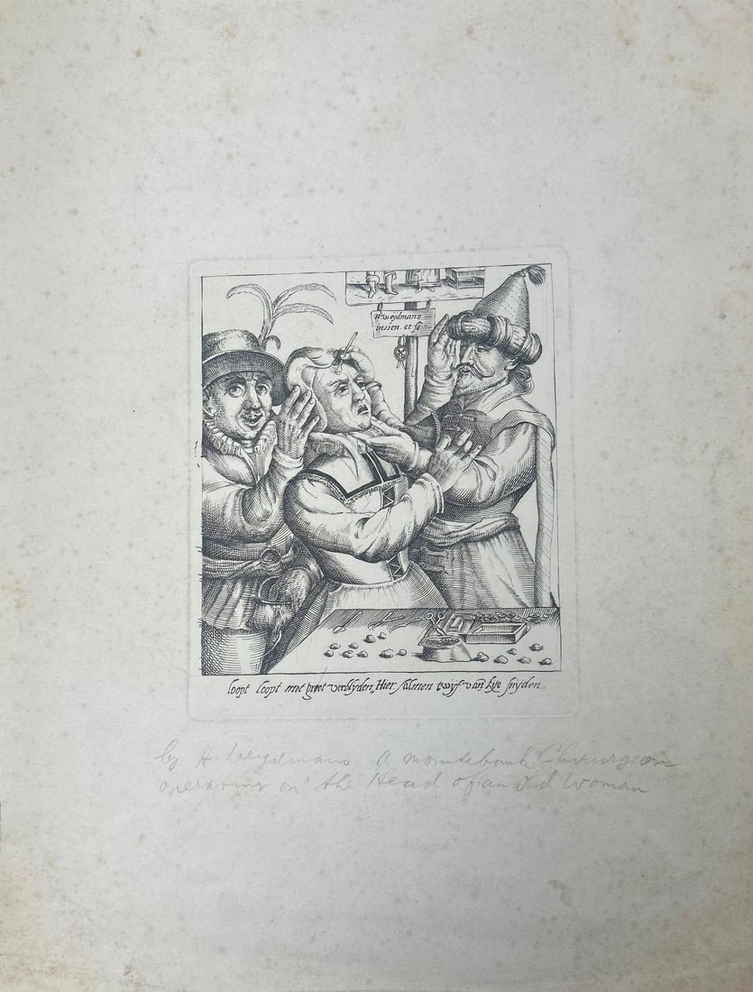 William Young Ottley after Nicolaes Weydmans (1570-1642): Continental, 19th century. Plate 38 of an operation removing stones by a 'quack doctor' dating to 1828. Light foxing throughout. Measures 10.5 x 13 inches.