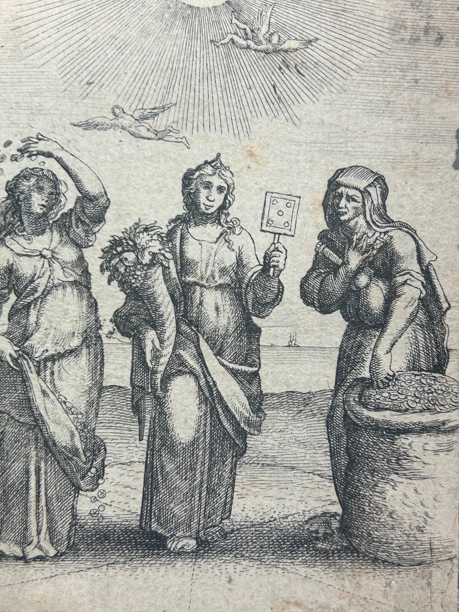 'The Golden Mean' By Wenceslaus Hollar: Continental, 17th century. An engraving by prolific engraver Wenceslaus Hollar. Measures 2.5 x 3.5 inches.