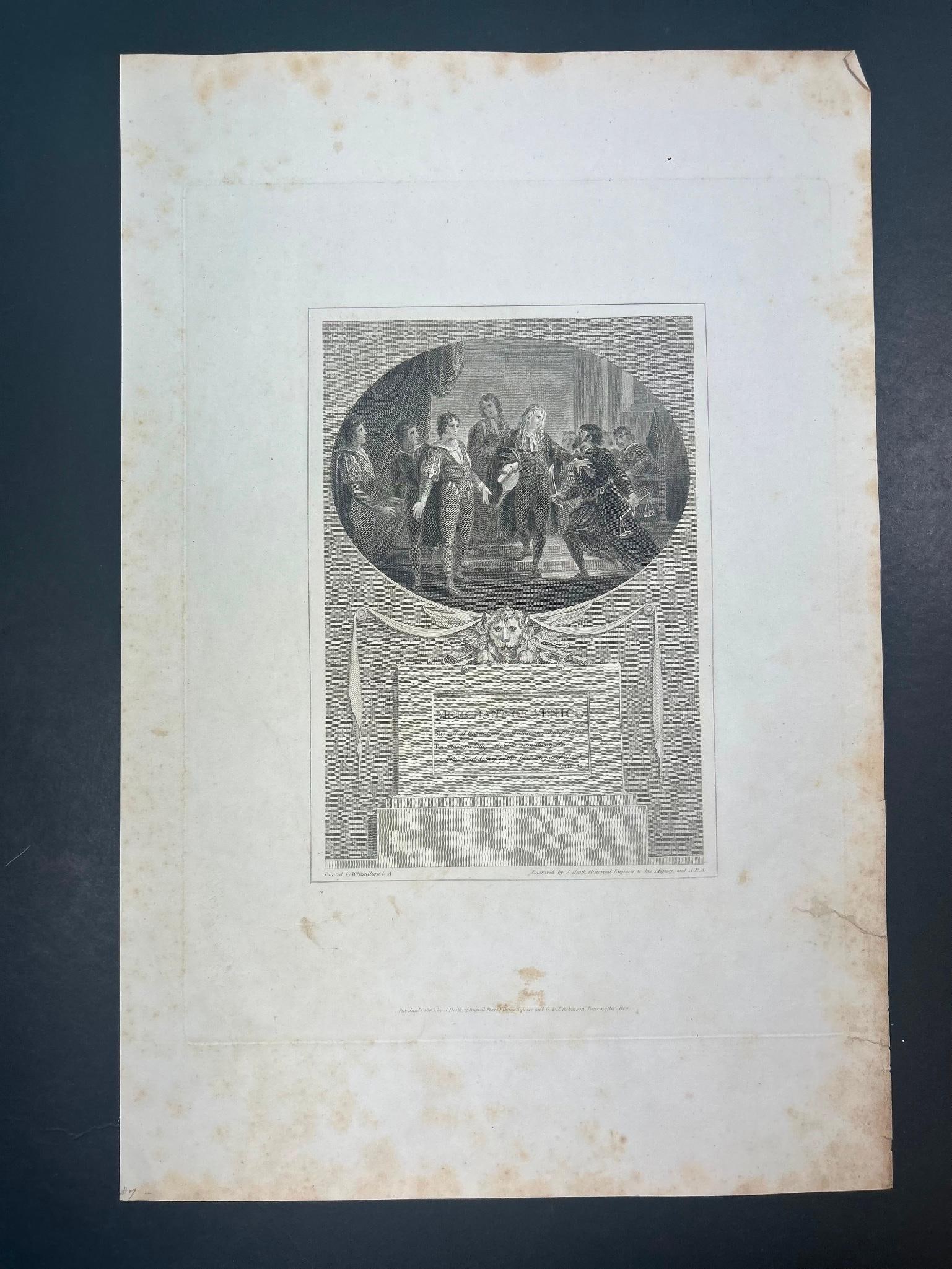'Merchant of Venice' Copperplate Engraving c. 1817: Copper engraving, c .1817 on woven paper. W. Hamilton RA., J. Heath Sculp. 11 x 18 inches. Some foxing/toning present.