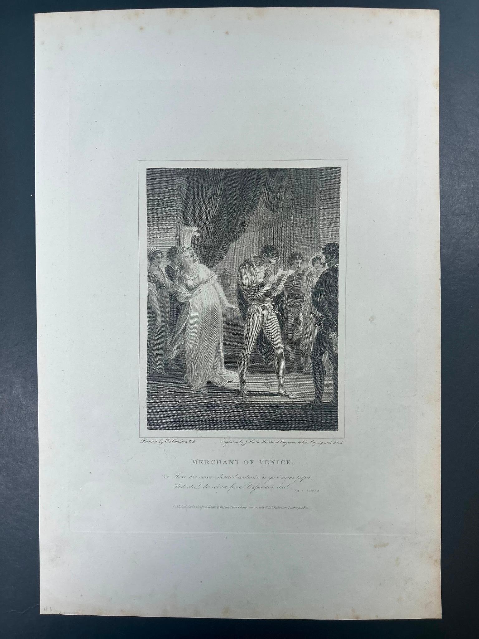 'Merchant of Venice' Copperplate Engraving c. 1817: Copper engraving, c .1817 on woven paper. W. Hamilton RA., J. Heath Sculp. 11 x 18 inches. Some foxing/toning present.