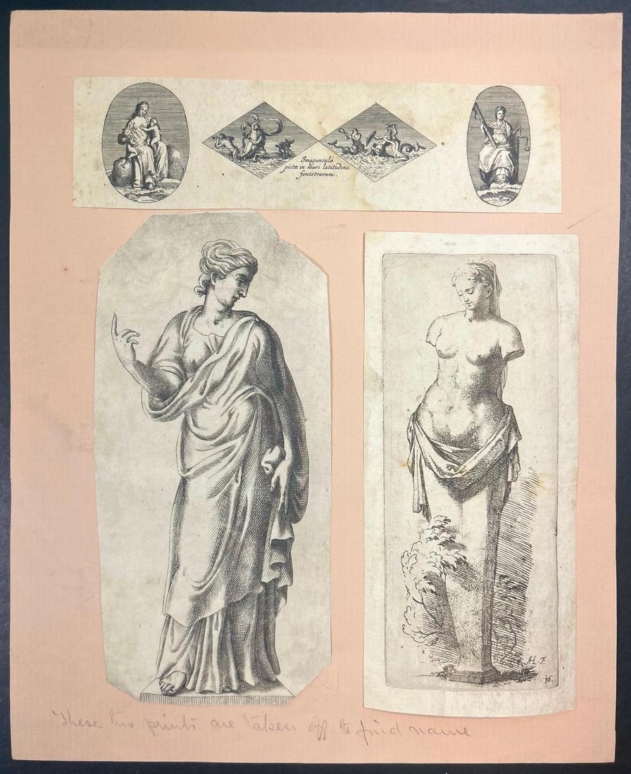A Page of 17th Century Neoclassical Etchings: Possibly Italian, 17th century. A grouping of etchings on lined paper. Total page measures 10 x 13 inches.