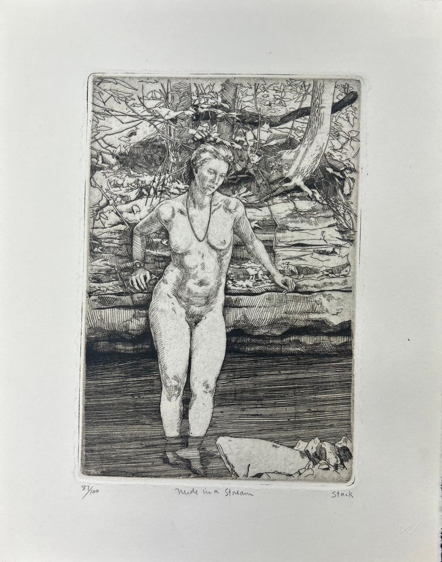 Frank Stack Nude in a Stream Lithograph: Frank Stack Nude in a Stream Print numbered 87/100. American. Good condition. Slight fraying along edges. Frank Stack (born 1937) is an American cartoonist, printmaker and fine artist known for publis