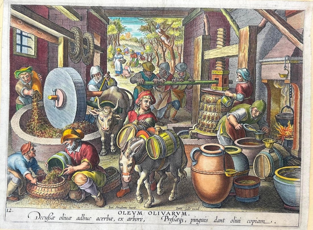 c. 1580 'Oleum Olivarum' (Olive Oil) Hand-colored Copper Engraving by Theodor Galle Plate 12 (1 of 3)