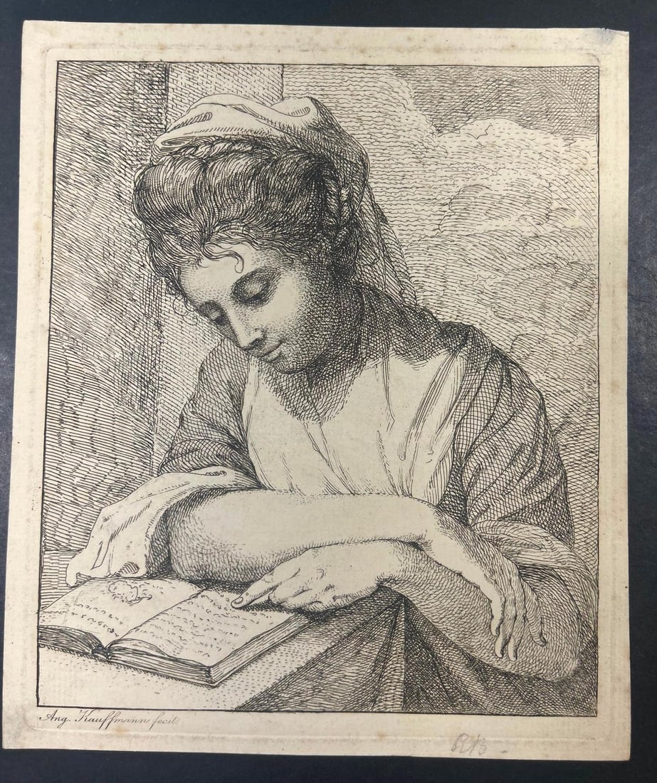 Girl Reading Engraving by Angelica Kauffman 1700s (1 of 3)