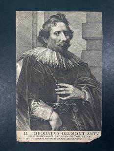 Portrait of Deodatus Delmont Engraving by Lucas Vorsterman after Anthony van Dyck 1600s: C. 1600s Portrait of Deodatus Delmont Engraving by Lucas Vorsterman the Elder (1595-1674) Dutch. After Anthony Van Dyck (1599-1641)