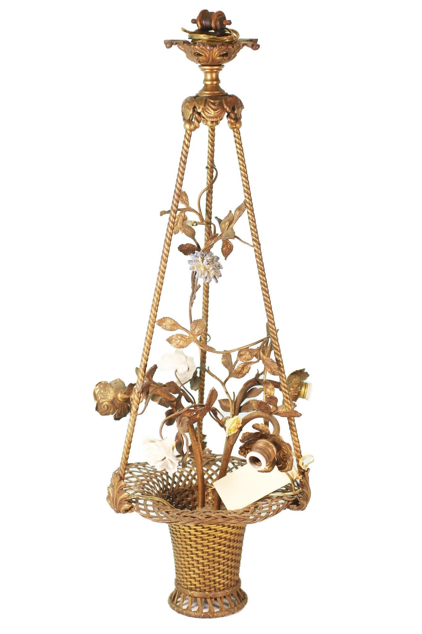 19th Century French Brass Basket Chandelier with Porcelain Flowers (1 of 4)