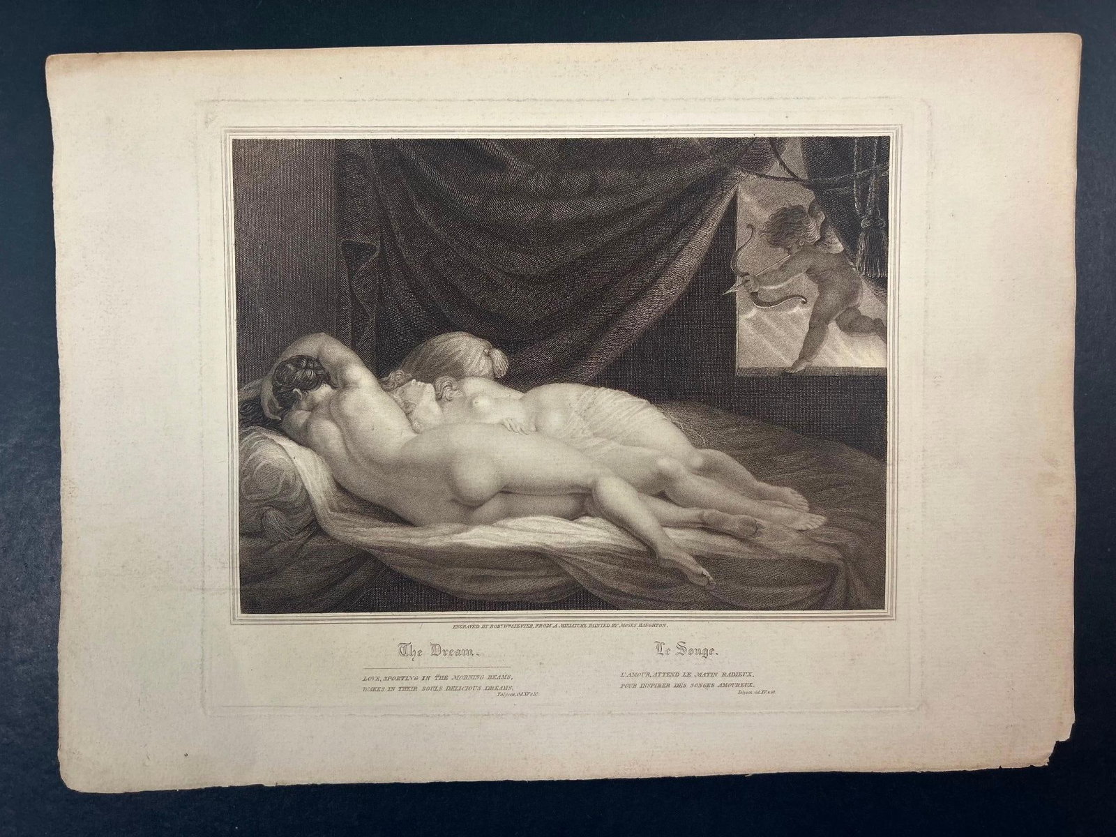 'The Dream. Le Songe' by Robert Wm. Sievier: England (London) c. 1820. 'The Dream. Le Songe' engraved by Robert Wm. Sievier; from a miniature painted by Moses Haughton Overall good condition. Measures 15 x 11 inches. Loss at some corners