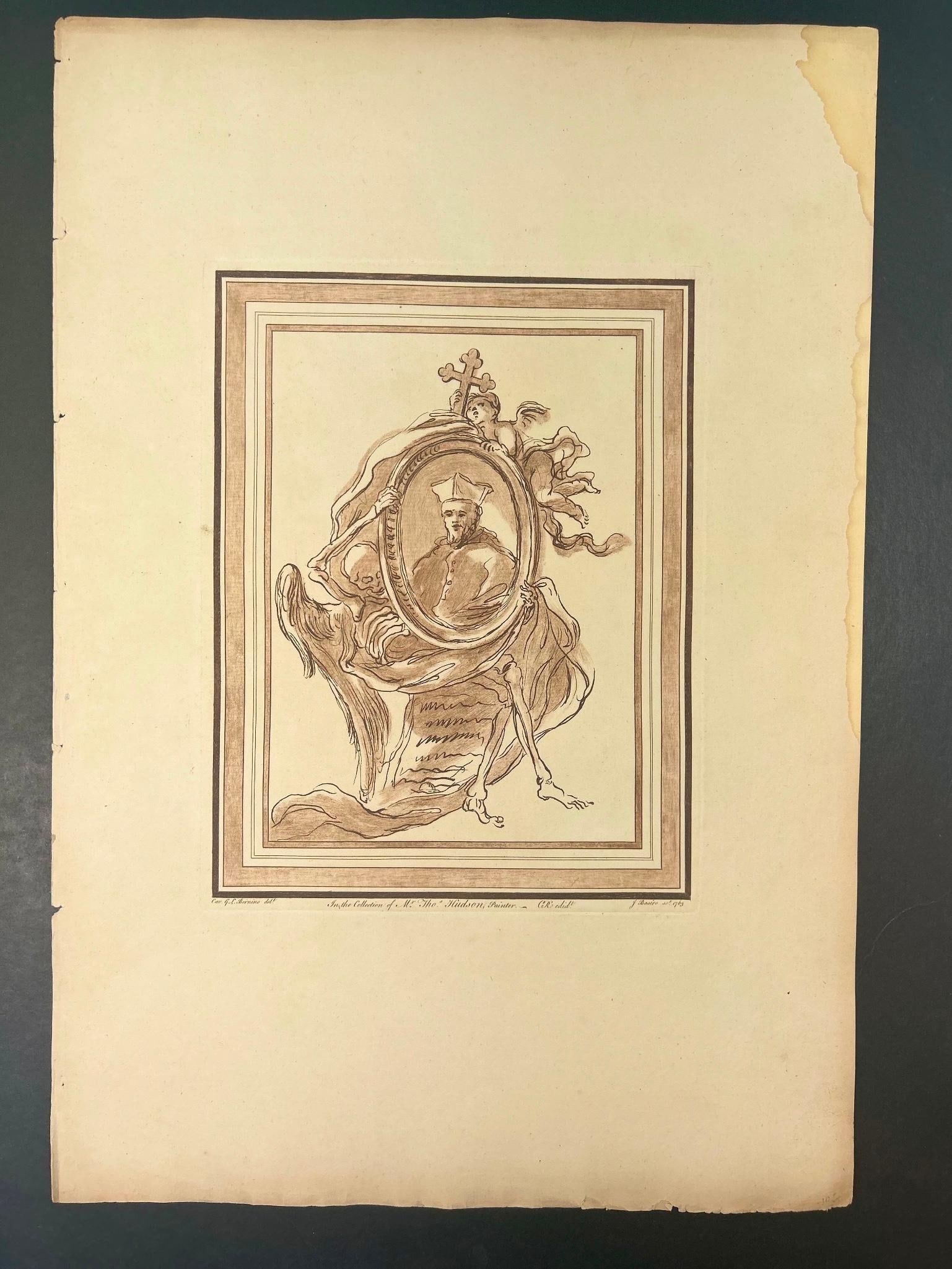 Mirror Engraving after Gian Lorenzo Bernini (1598-1680): Continental, 18th century. Measures 15 x 22 inches. Engraved by J. Basire after Gian Lorenzo Bernini. On lined paper.