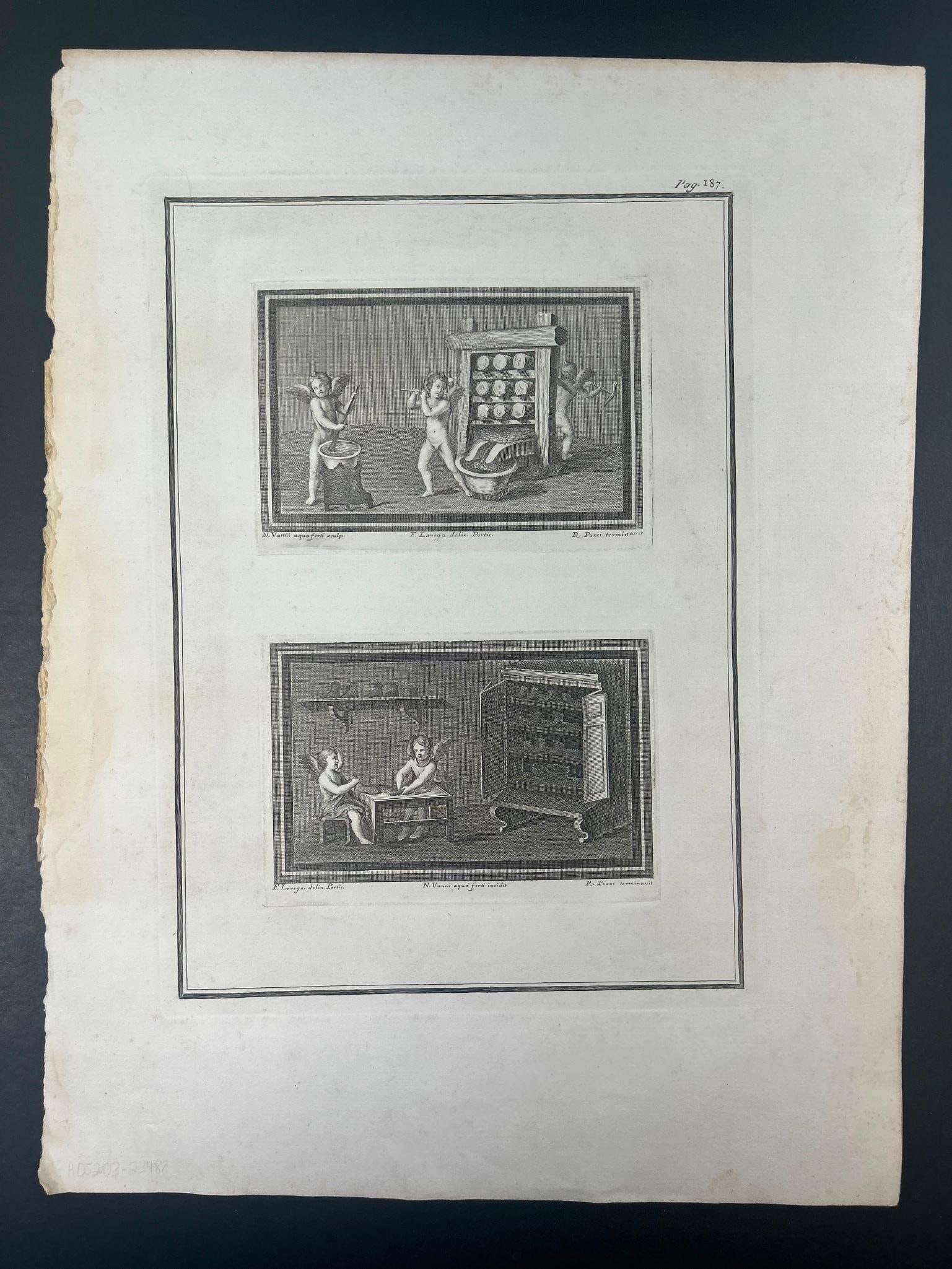 A Pair of Allegorical Scenes by R. Pozzi: Continental, 18th century. A page with two allegorical prints by R. Pozzi. Measures 14 x 18 inches.