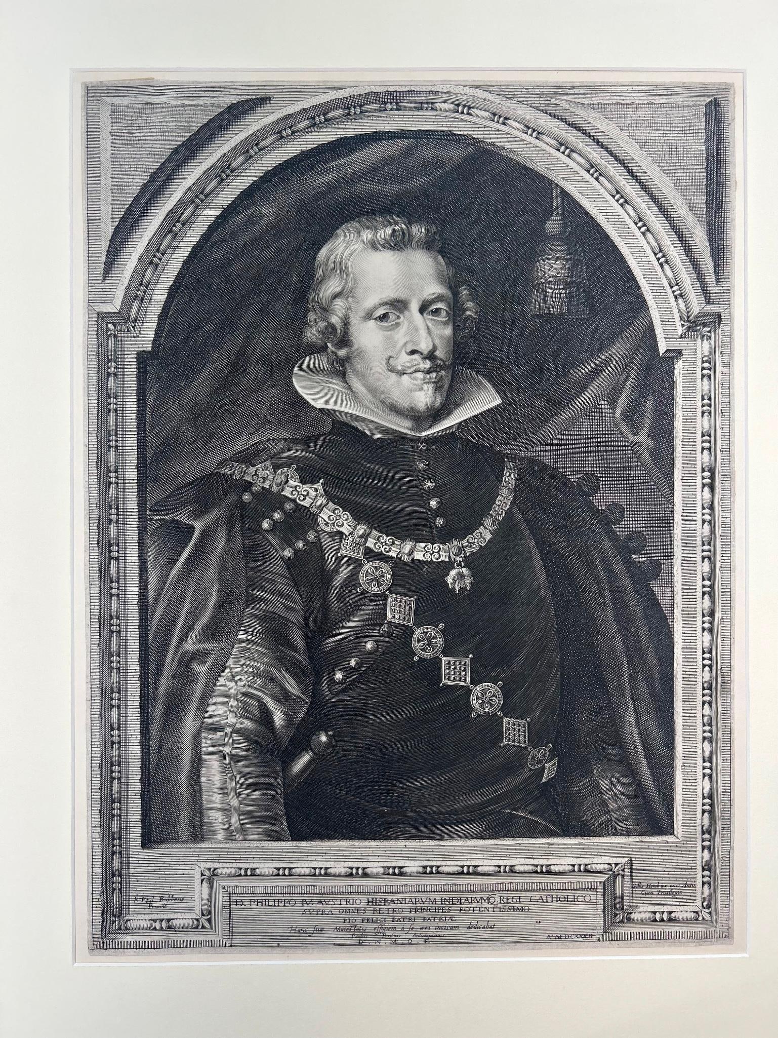 King Philip IV of Spain in 1632 after Peter Paul Rubens (1577-1640): Antwerp, c. 17th century. A portrait of D.Philippo IV. Austrio Hispaniarum Indiarumq. Regi Catholico Supra Omnes Retro Principes Potentissimo Pio Felii Patri Patriae.... Measures 13 x 18 inches. Sir P