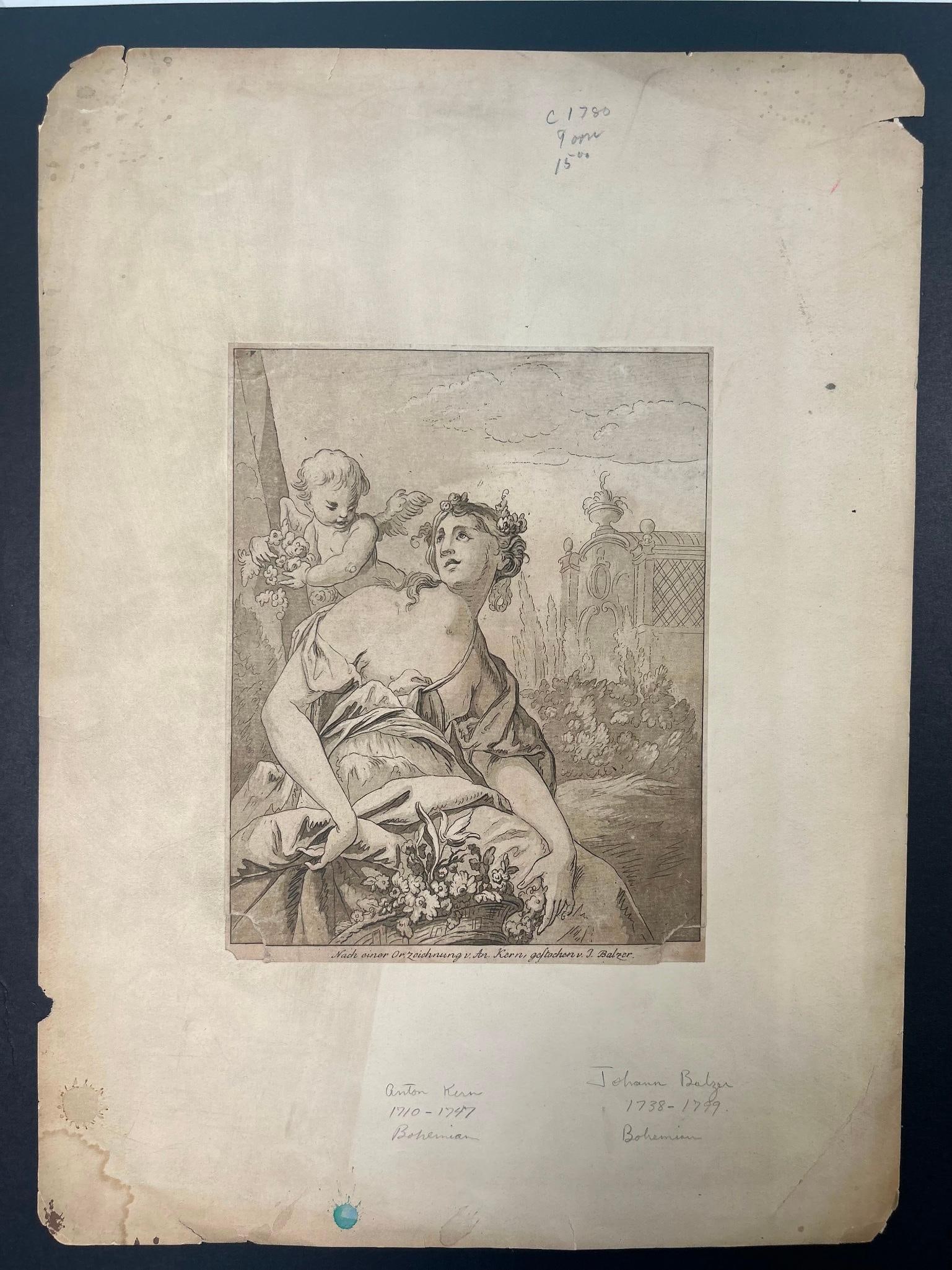 An Engraving by Anton Kern (1710-1747) and J. Balzer: Bohemian, 18th century. A portrait of a woman with putti attributed to Anton Kern and J. Balzer. Pasted onto a thick backing board. Measures 13 x 17 in total.