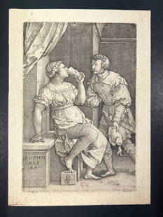 An Engraving by Georg Pencz (German, 1500 – 1550): German, possibly 16th century. An engraving of two individuals, one drinking from cup. Etched "GP."