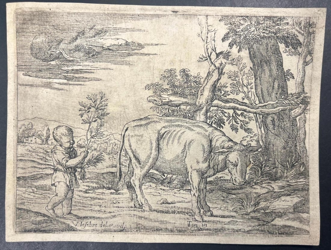 An Engraving of a Cow and Child (1 of 3)