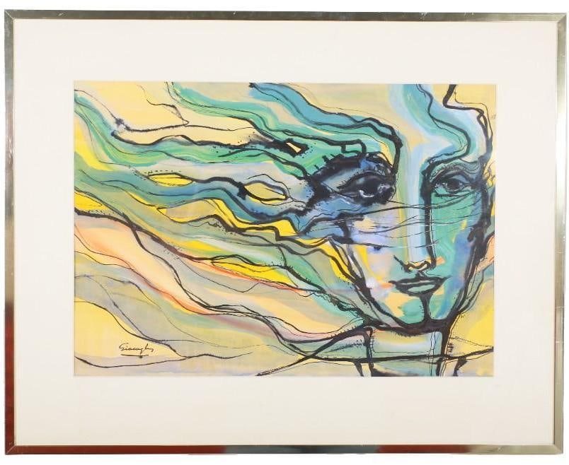 Pedro Giacaglia (1922-1997) Mixed Media: South America, 20th century. Mixed media on paper (watercolor, acrylic/tempera) by Pedro Giacaglia. Signed lower left. 25.0" L x 15.0" H; sight 19.0" L x 13.5" H.