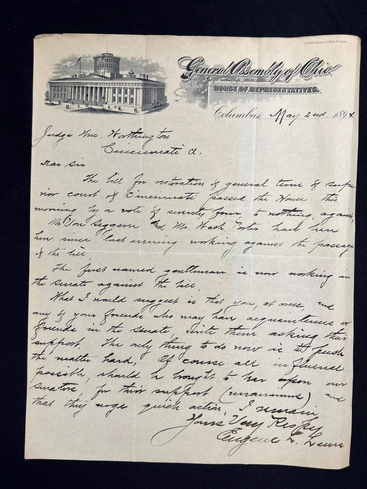 General Assembly of Ohio House of Representatives Letter 1890s (1 of 2)