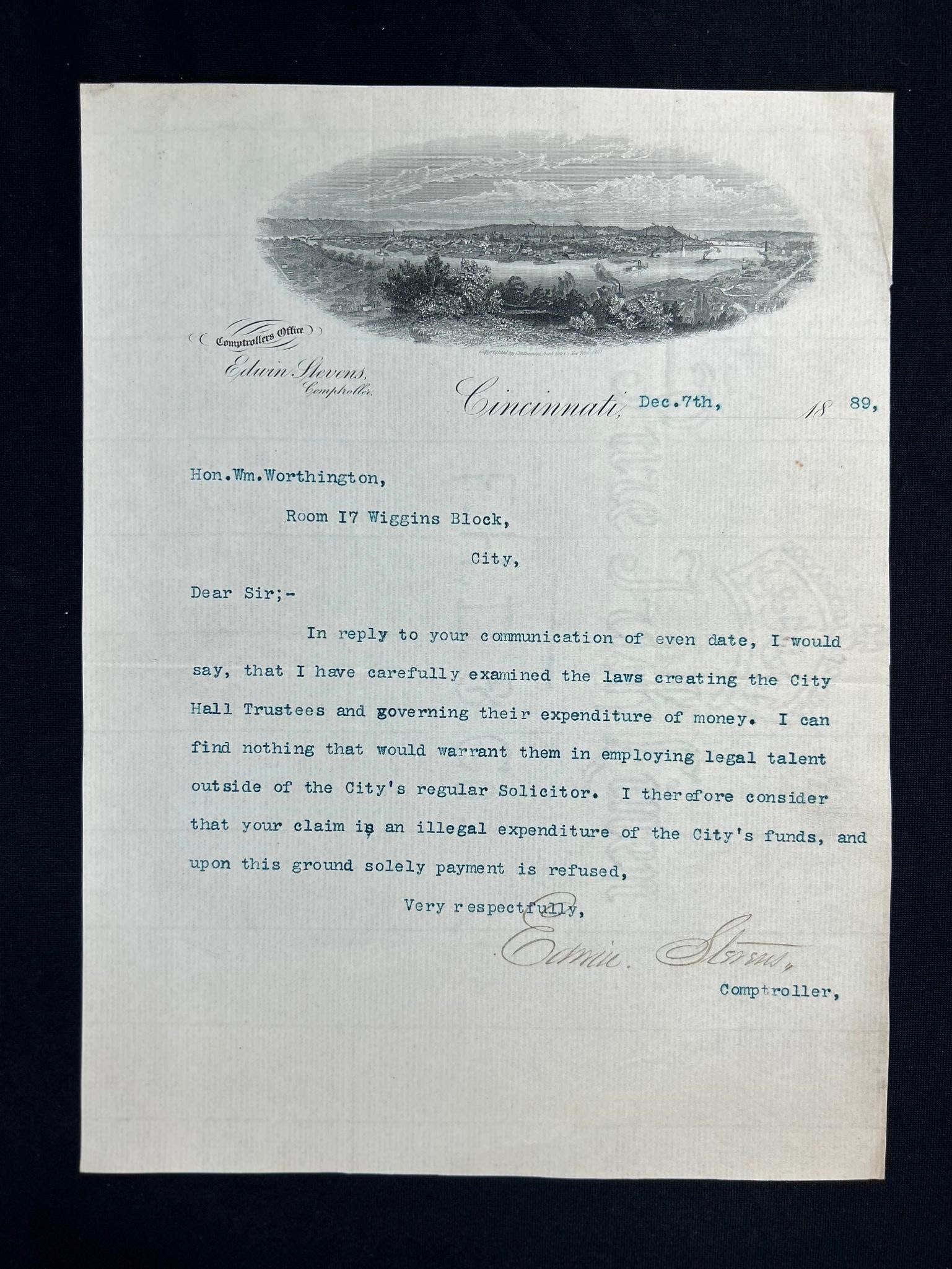 Comptrollers Office Cincinnati Letter 1889 (1 of 2)