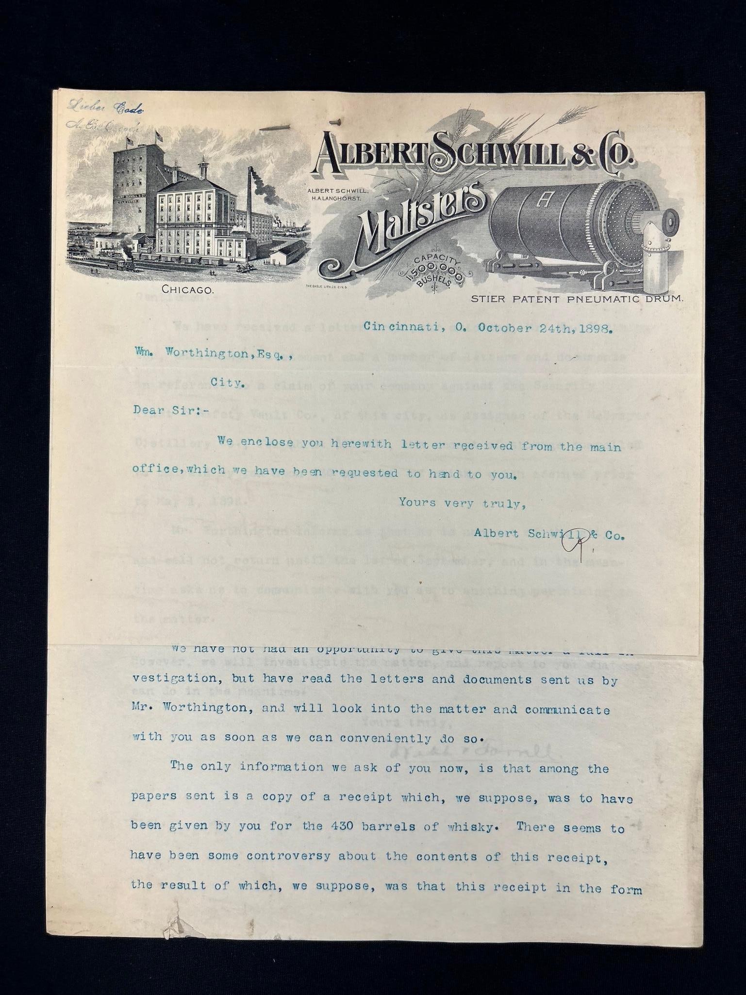 Albert Schwill & Co Maltsters Letter 1898 (1 of 2)