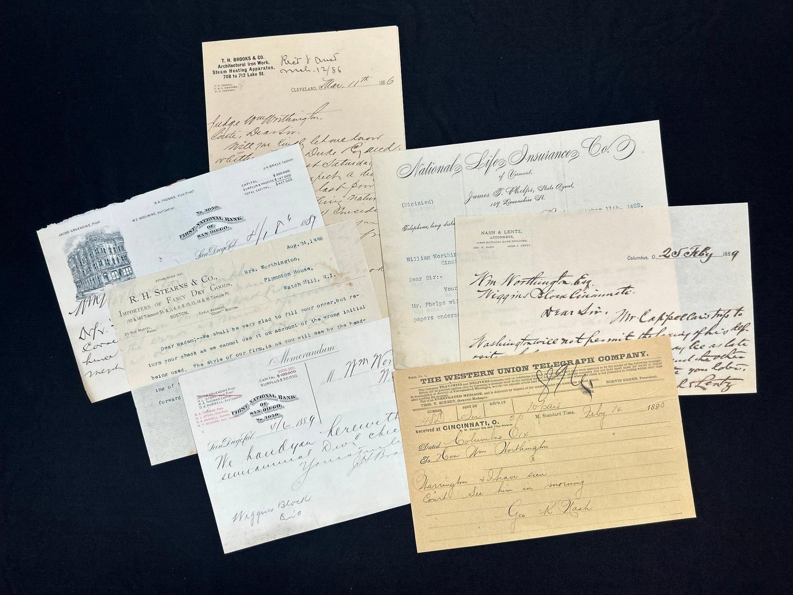 Misc Assortment of Letters Addressed to Judge William Worthington: Misc Assortment of Letters Addressed to Judge William Worthington including letters from National Life Insurance Co. of Vermont, First National Bank of San Diego, and T. H. Brooks & Co. Architectu