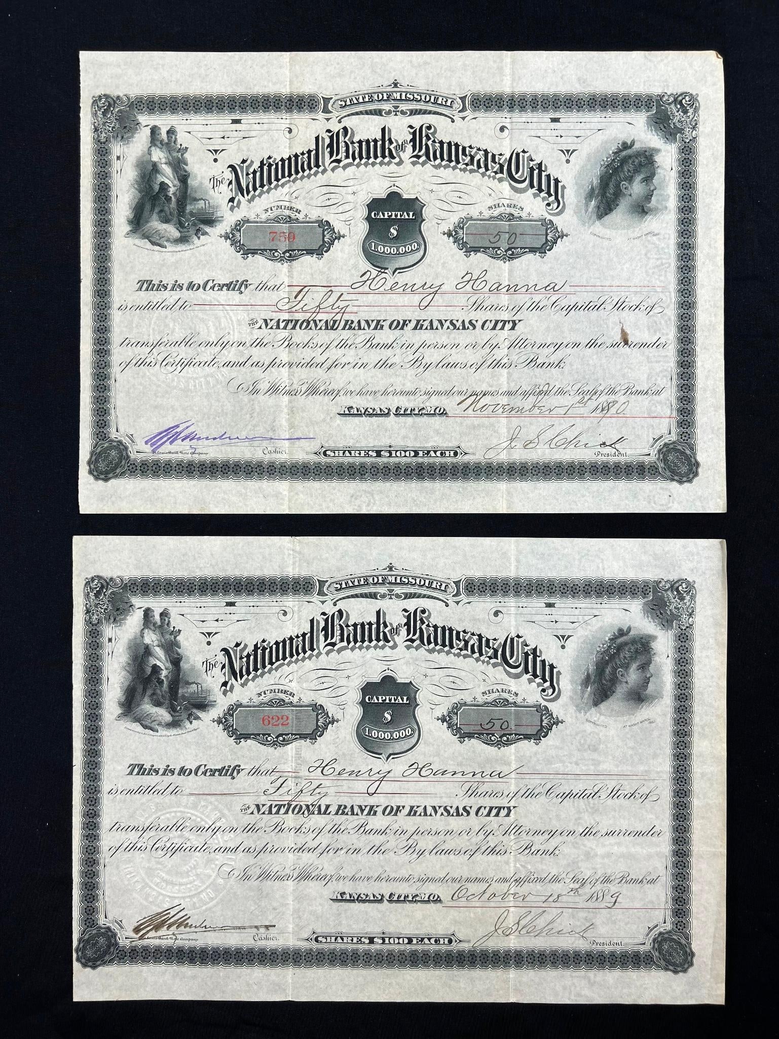 Two National Bank of Kansas City Stock Certificates Henry Hanna 1889 1890: Two National Bank of Kansas City Stock Certificates for Henry Hanna from 1889 and 1890. Good Condition. Some toning and creases present. Henry Hanna (1812-1905) was a notable Cincinnati industrialist,
