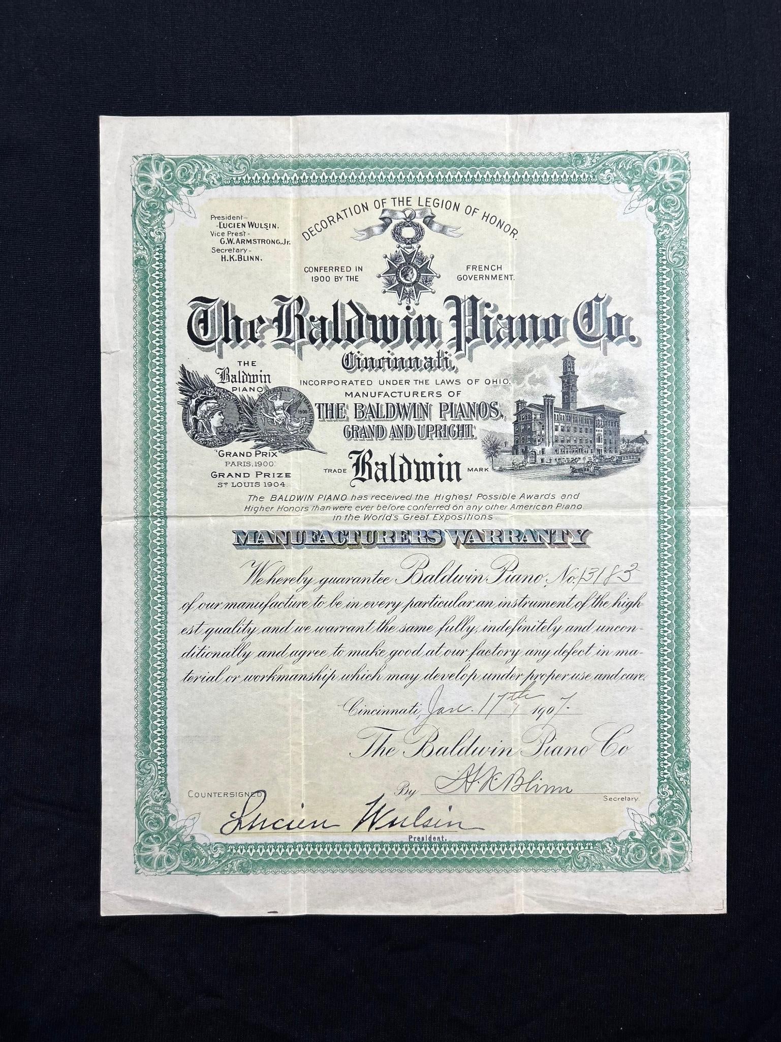 1907 The Baldwin Piano Co. Cincinnati Warranty Certificate No. 13183 (1 of 2)