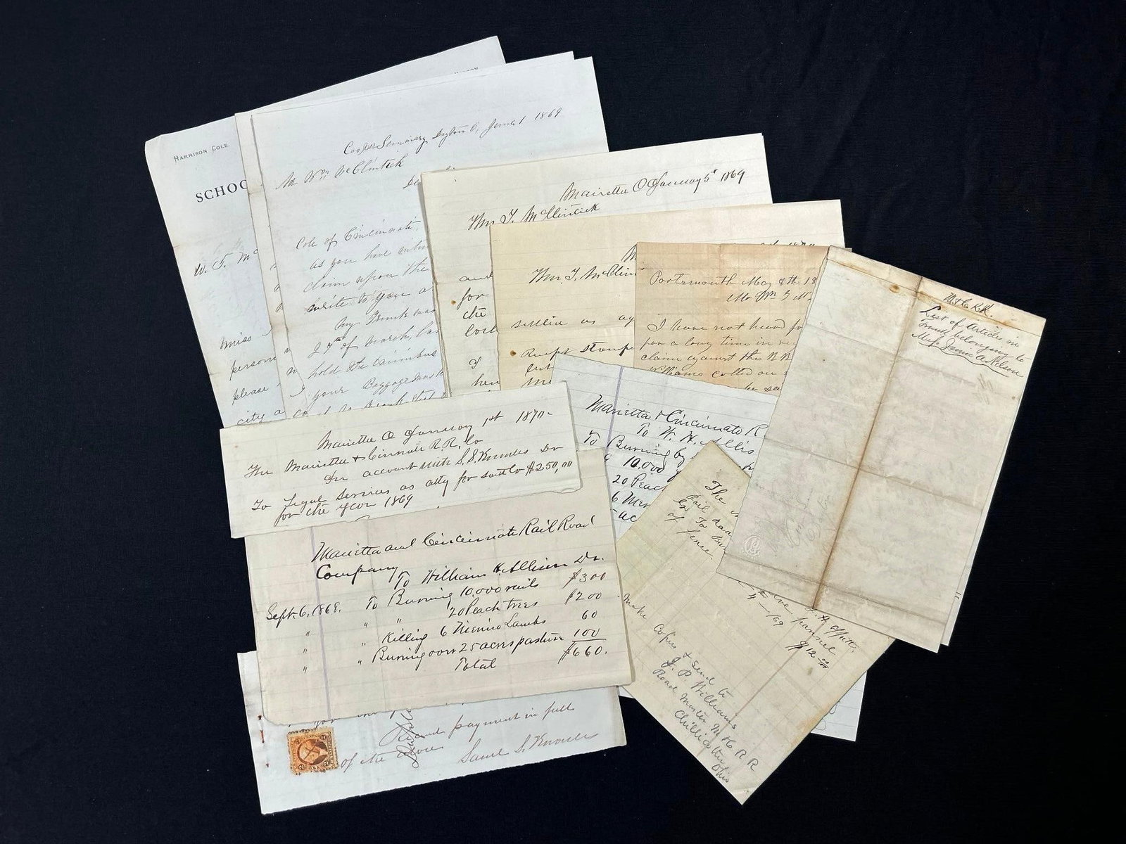Marietta & Cincinnati Rail Road, Lost Baggage Claim: America, late 19th century. Various documents and a claim made by Jennie Nelson for a lost trunk. Overall good condition. 224