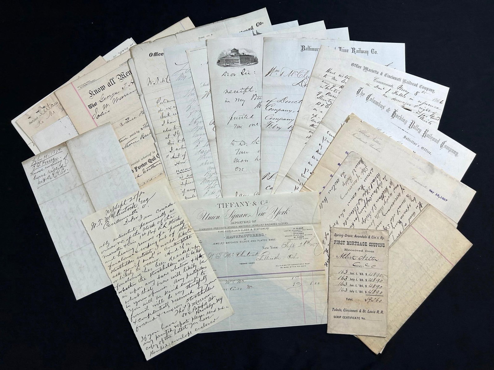 A Lot of Antique Railroad Letters (Columbus & Hocking Valley, Baltimore Short Line): America, 19th century. A large lot of letters, deeds, and correspondence detailing the early days of the Columbus & Hocking Valley, Baltimore Short Line, Cincinnati Lebanon & Northern, Pittsbu