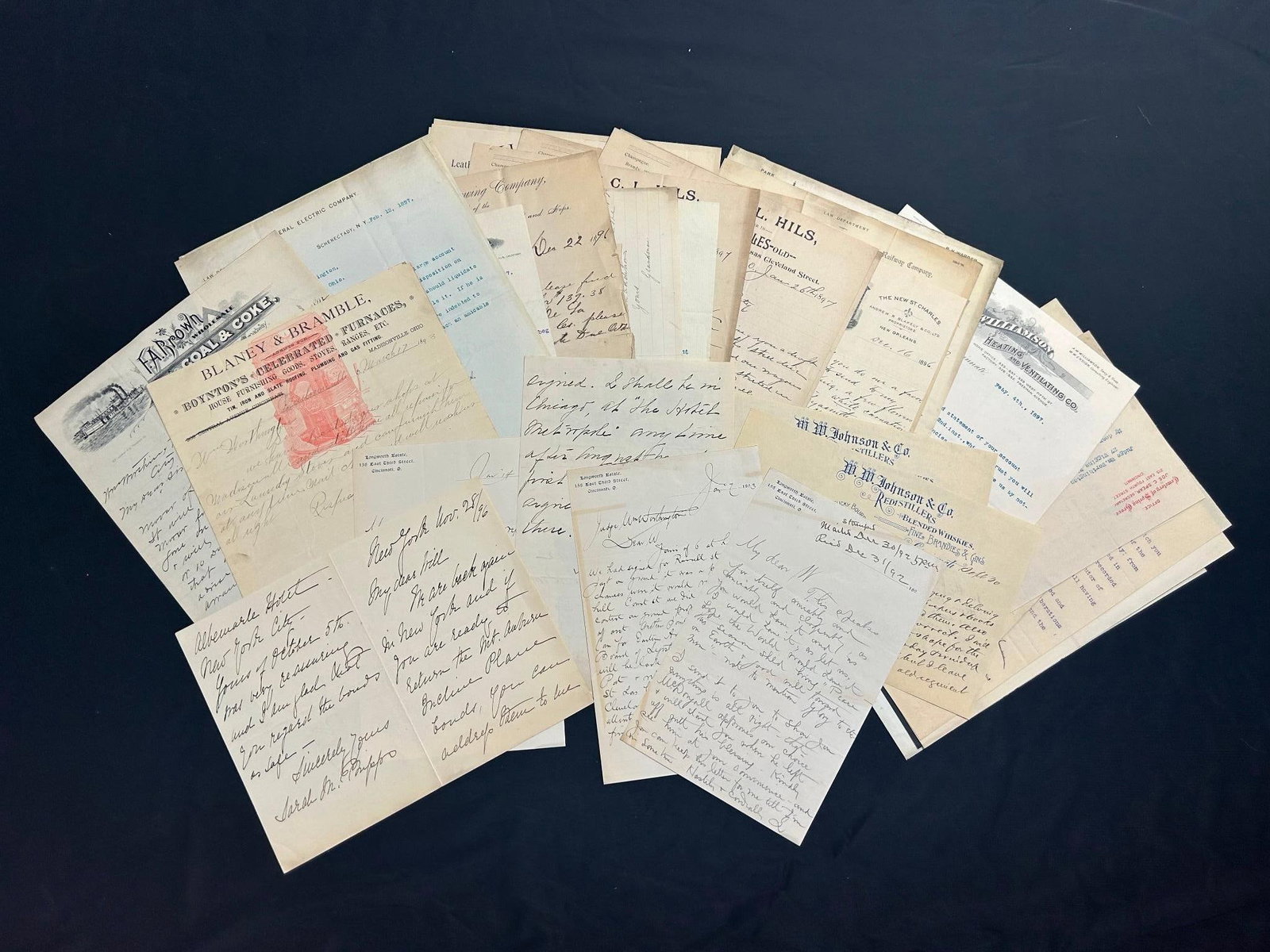 A Collection of Cincinnati Documents and Letterheads: America, 19th century. A wonderful group of early Cincinnati, Ohio letters, documents, and receipts from the 1880s and 1890s. Includes General Electric Company, Becker Brewing, Blaney & Bramble,