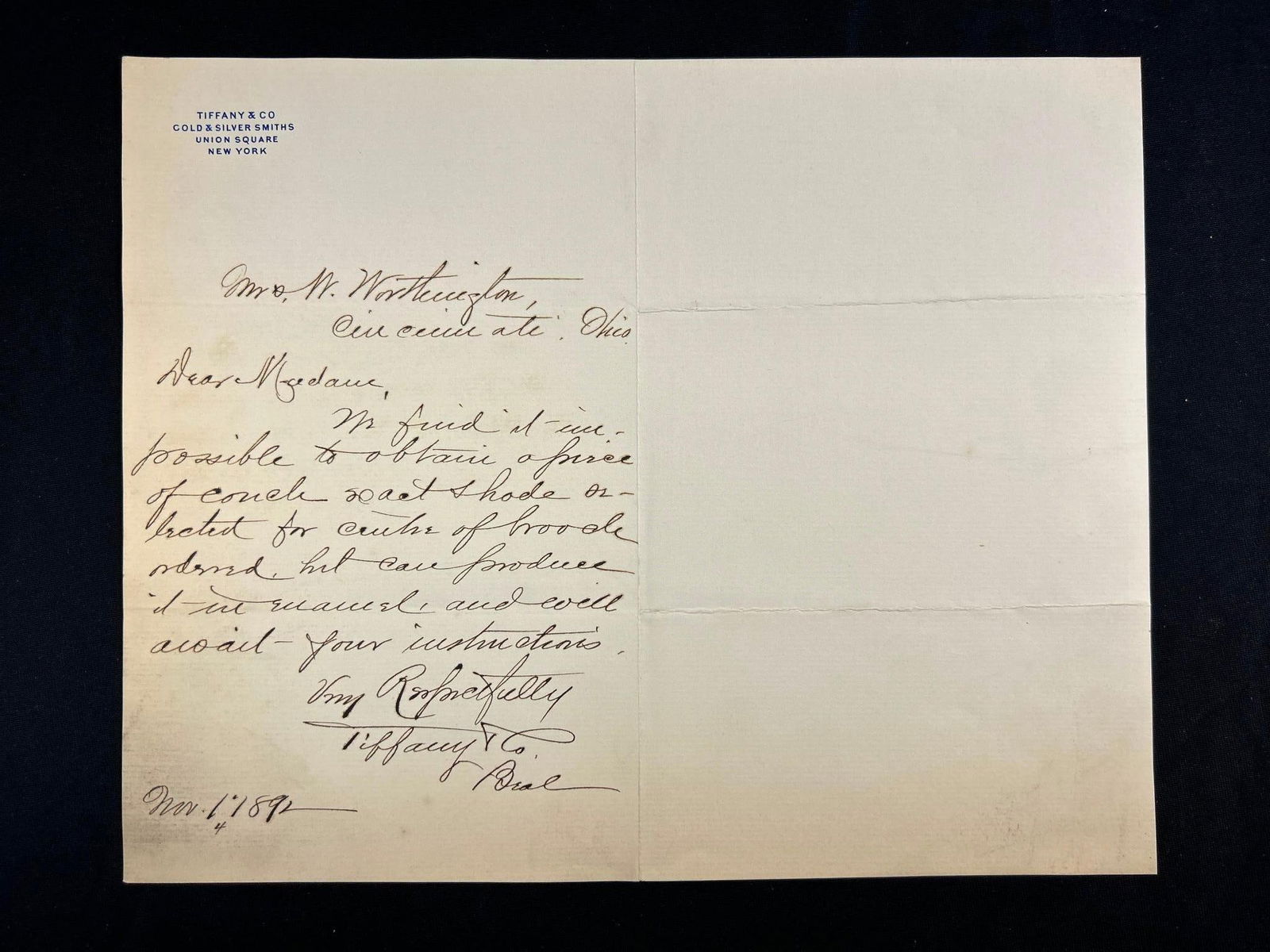 1892 Tiffany & Co Letter: An antique letter addressed to William Worthington from Tiffany & Co Gold & Silver Smiths 1892. Tiffany & Co Linen paper. Overall good condition. Some toning, foxing, and creases. Willi