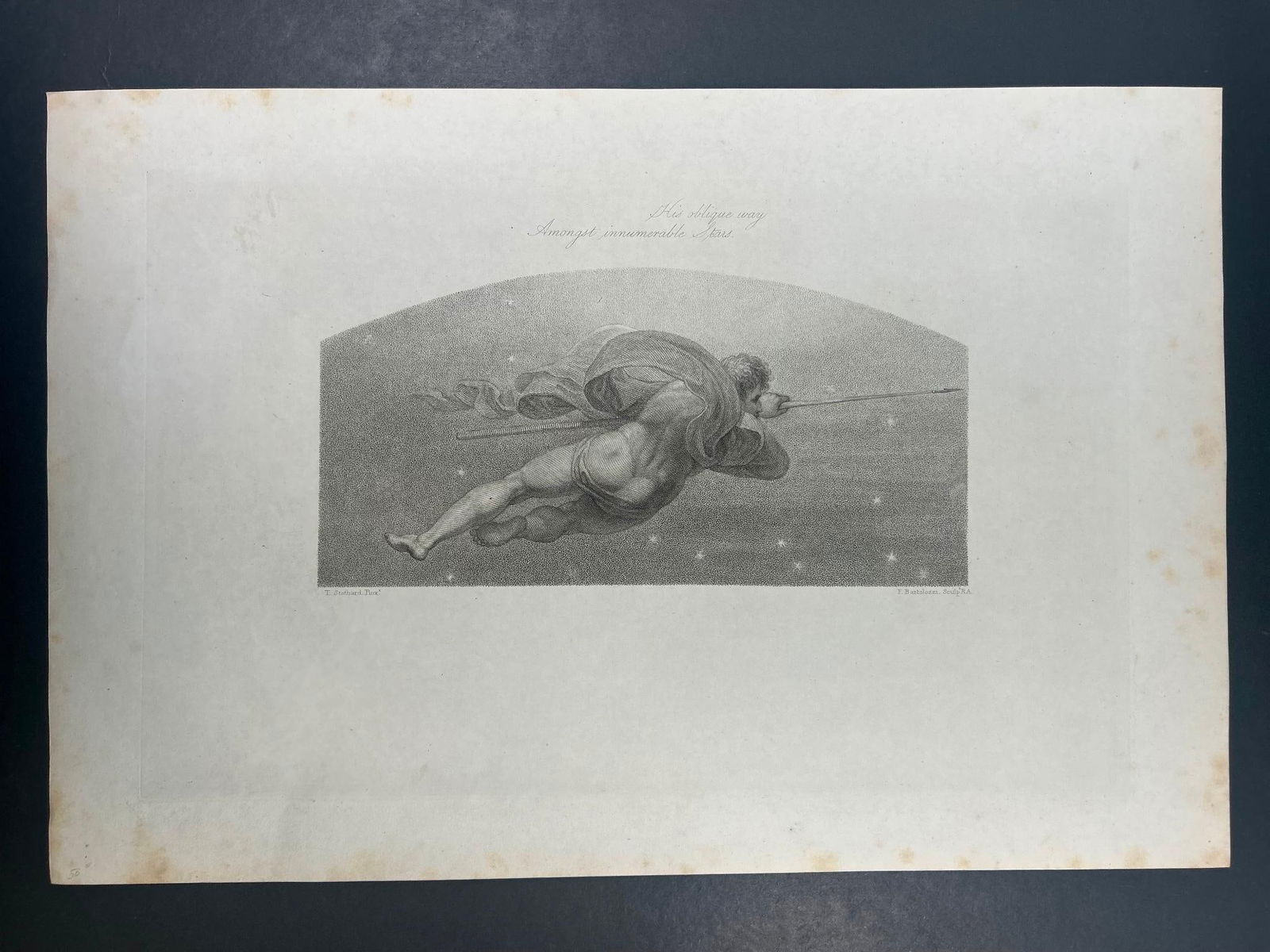 'His Oblique Way' Copperplate Engraving, c. 1817: Copper engraving, c .1817 on woven paper. His oblique way Amongst innumberable Stars. T. Stothard Pinx., F. Bartolozzi Sculp. 11 x 18 inches. Some foxing/toning present.