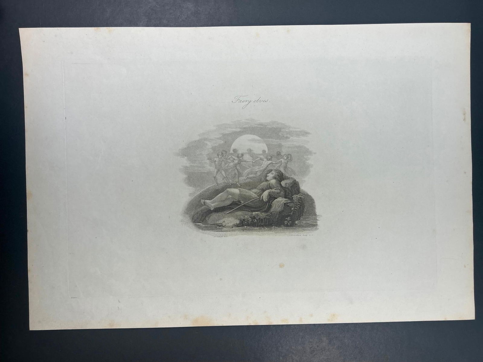 'Faery Elves' Copperplate Engraving, c. 1817: Copper engraving, c .1817 on woven paper. T. Stothard Pinx., F. Bartolozzi Sculp. 11 x 18 inches. Some foxing/toning present.