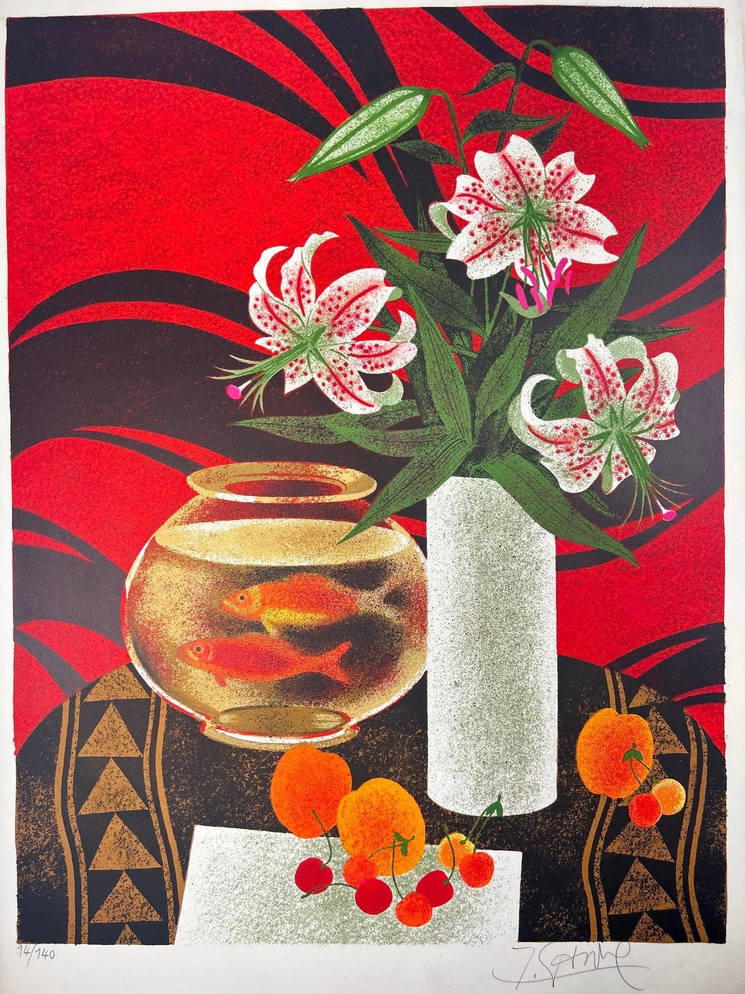 Yves Ganne Signed Flower Goldfish and Fruit Lithograph (1 of 3)