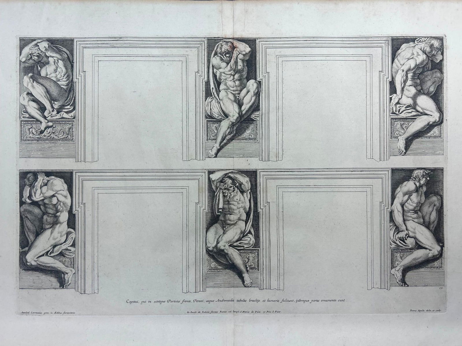 17th Century Italian Pietro Aquila (1650–1692) Engraving: 17th Century Italian Pietro Aquila 1650–1692) Engraving featuring 6 nude figures. Plate measures approx 22" x 14" With margin: 29 1/2" x 18 1/2" Fair condition. Stabilized down mid