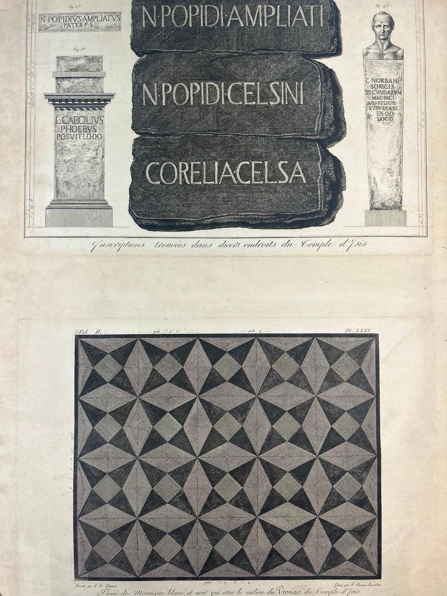 Piranesi Temple of Isis Engraving 1806: 2 plates drawn by Giovanni Battista Piranesi (1720-1778) and engraved by Francesco Piranesi (1759-1810) showing architectural features of the Temple of Isis. One being inscriptions on stone and a bust