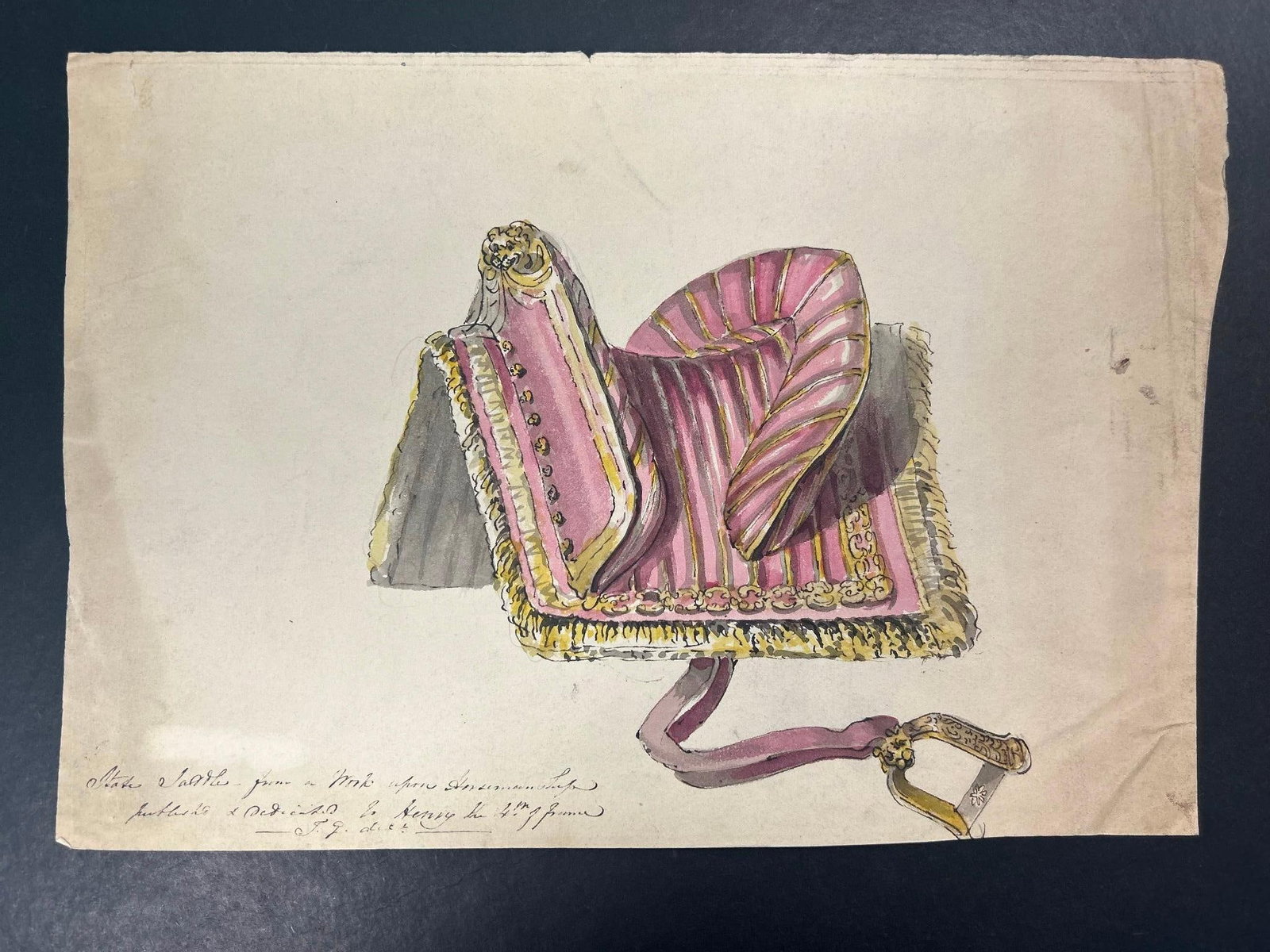 A 19th century Watercolor of a Saddle: Continental, 19th century. A hand drawn and painted design of a saddle. Measure about 7 x 10 inches.