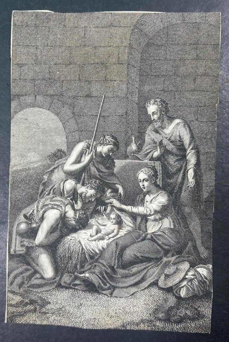 'Die Hirten bey der Krippe' Copperplate Engraving by Schuler Édouard: 'Die Hirten bey der Krippe' Copperplate Engraving by Schuler Édouard, illustration from "The bible in Pictures" published in the middle of the 19th century. Measures approx 3 1/2"