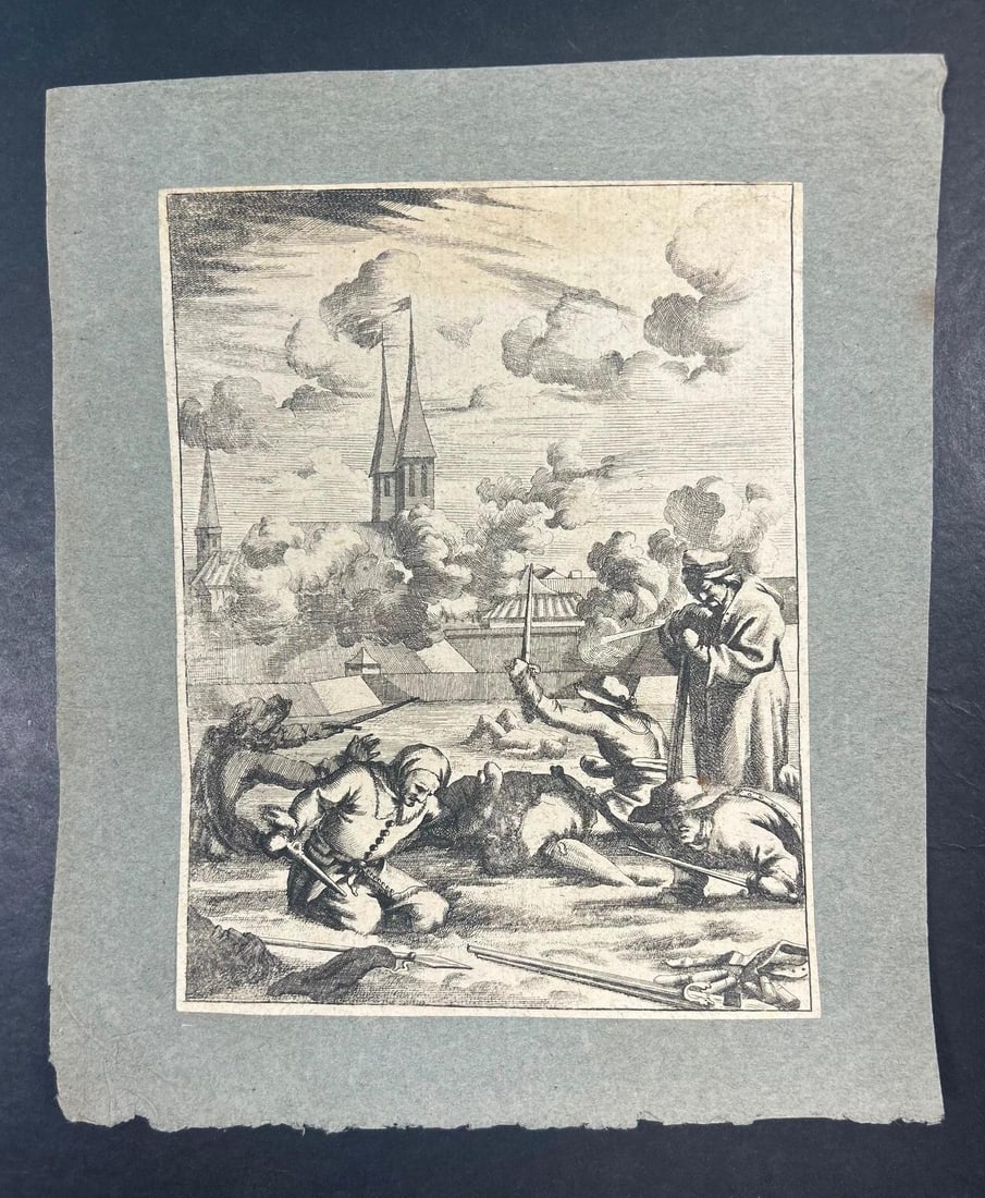 Engraving of Battle Scene with Castle in Background: Engraving of Battle Scene with Castle in Background Image measures approx 5 1/4" x 6 3/4" 7" x 8 1/2" with backing page. Overall good condition.