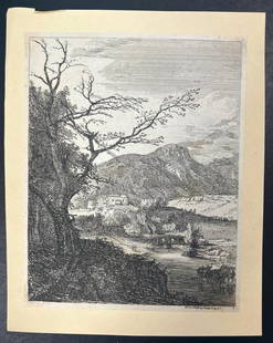 'Capriccio with Edinburgh Castle and Arthur's Seat' c. 1750: Continental, 18th century. An etching from a series of Scottish landscapes by Paul Sandby. Plate itself measures 7 x 9 inches, full sheet is 8 x 10.25 inches. Overal good condition.