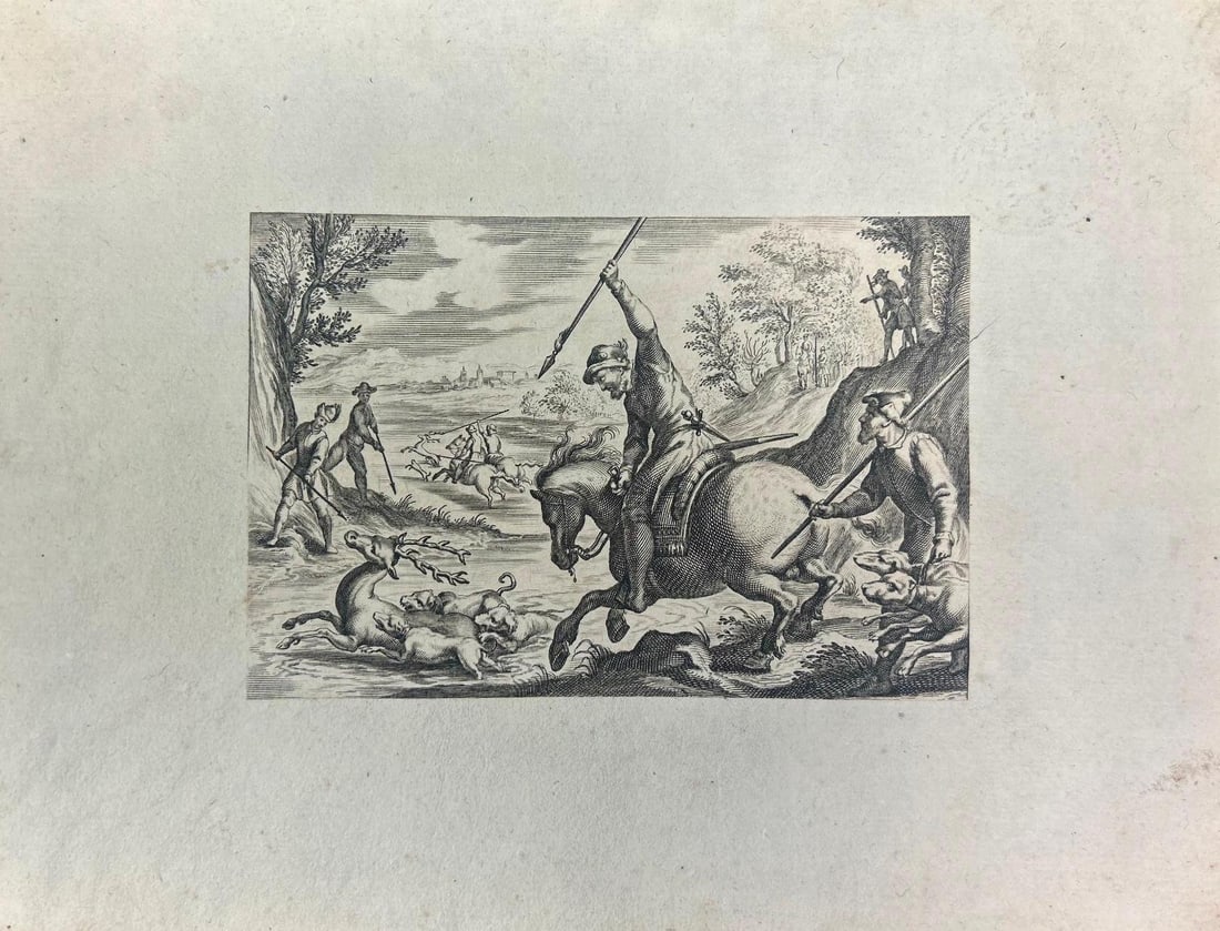 Antique Hunting Copperplate Engraving: Continental, possibly 17th century. A copperplate engraving, having been made in with lines. Pasted onto lined paper with an embossed crest. 5 x 3.25 inches (plate) 7.5 x 8.5 inches (total)