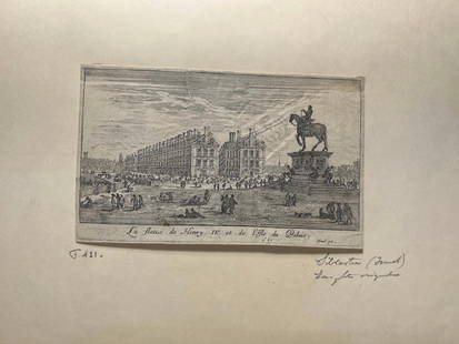 'La statue de Henry IV et l'Isle du Palais' Copperplate Engraving, c. 1621: France, 17th century. A copperplate engraving by Israel Silvestre (1621-1691). On lined paper with a watermark, partially of a heart. Exact copies held by the Royal Collection Trust and the Louvre.  M