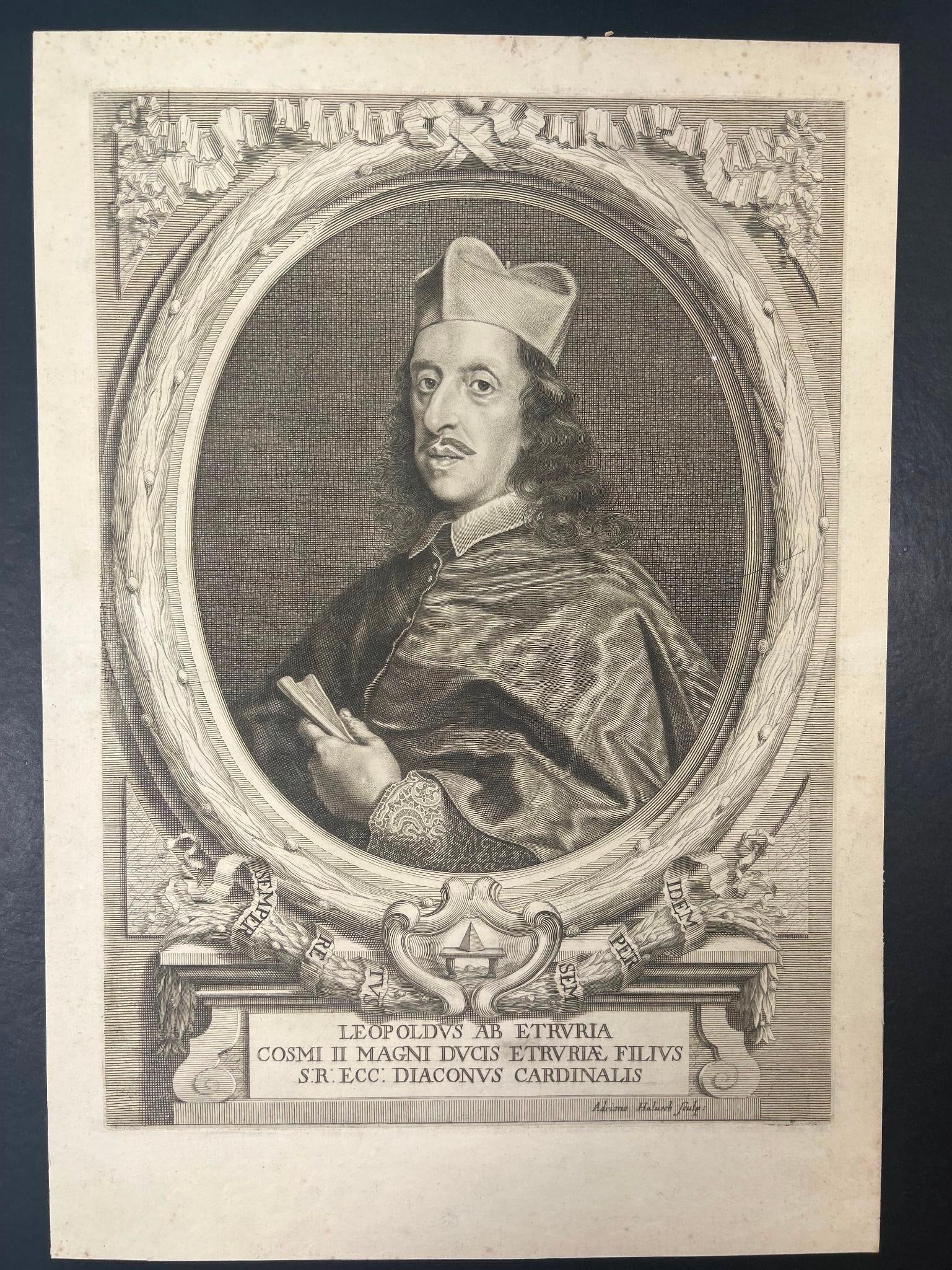 Lepoldus Engraving by Adriano Haluech: Continental, 18th century. An engraving on lined paper measuring 11 x 16 inches.