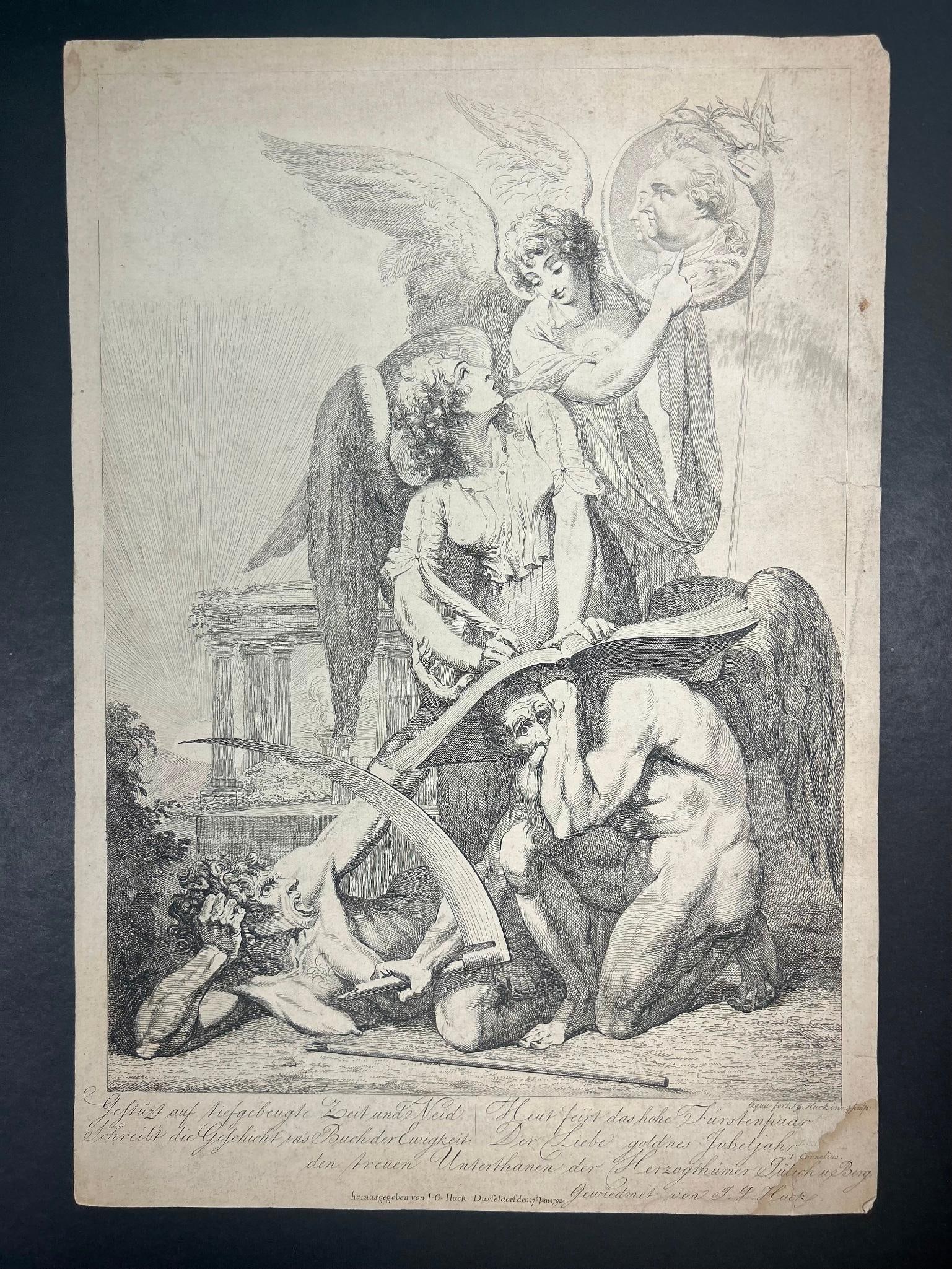 A Copperplate Engraving by I.G Huck, c. 1792: German, 18th century. A copperplate engraving of a dramatic scene on wove paper. Measures 11 x 16 inches. Toning/staining throughout.