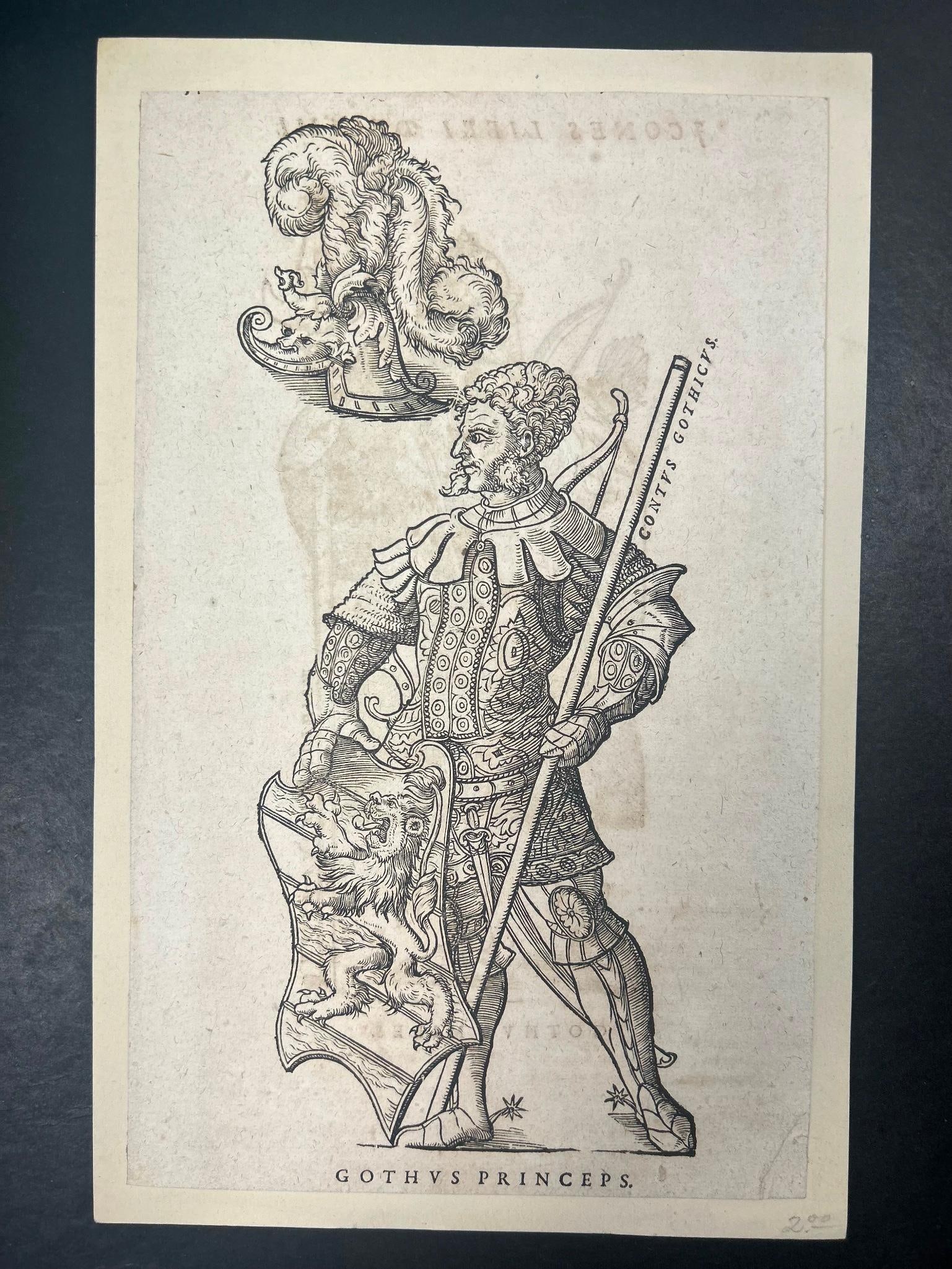 A Line Engraving 'Portrait de Gothus Princeps': Continental, 17th century. A line engraving of a man in partial armor, measuring 7.5 x 12 inches. On lined paper.