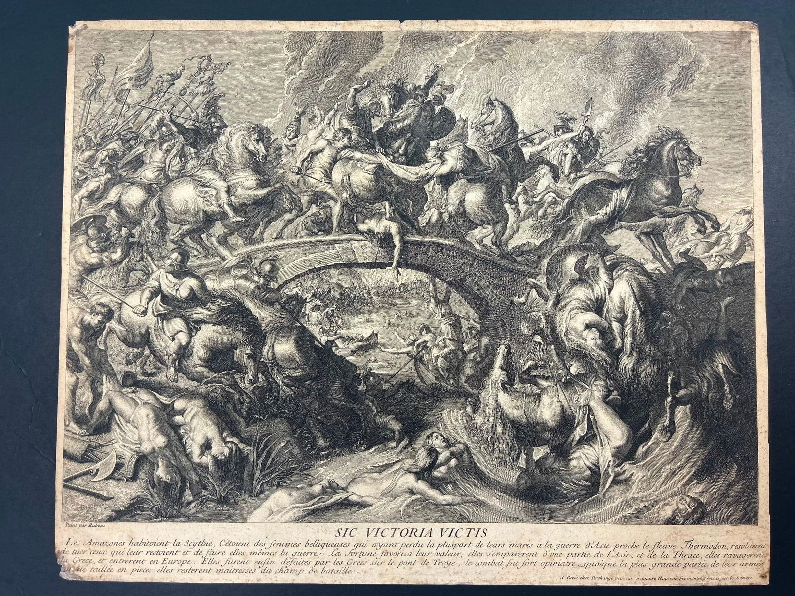 'Sic Victoria Victis' after Peter Paul Rubens (Flemish, 1577-1640): Dutch, 18th century (First released c. 1700). Engraved by Gaspard Duchange (French, 1662 - 1757) after Peter Paul Rubens (Flemish, 1577 - 1640). Measures 14 x 18 inches, overall good condition. On wo
